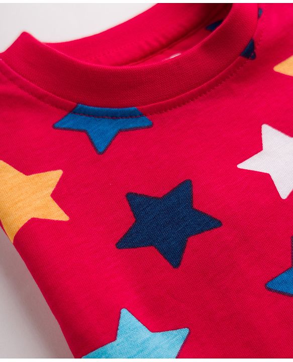 Babyhug 100% Cotton Knit Half Sleeves Star Printed Co-Ords T-Shirt & Pyjama Night Suit - Red