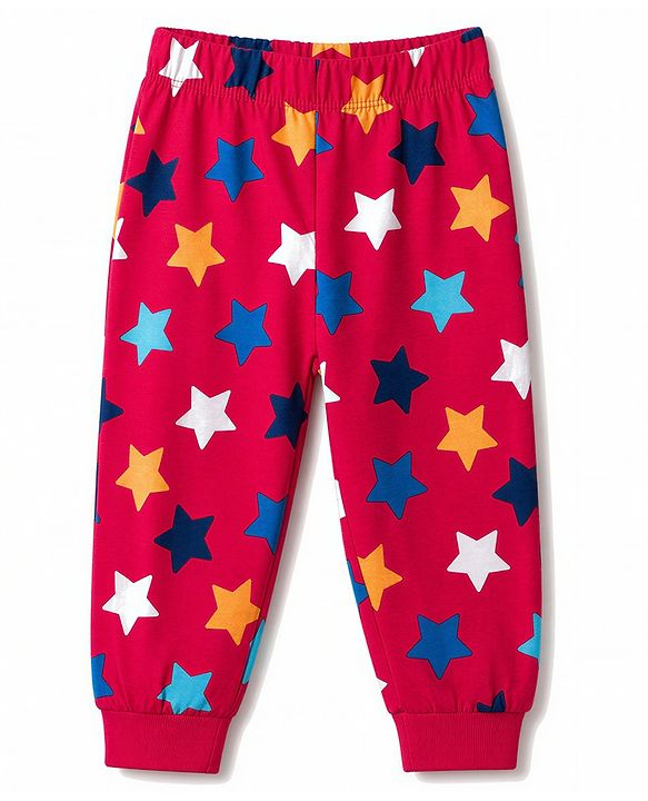 Babyhug 100% Cotton Knit Half Sleeves Star Printed Co-Ords T-Shirt & Pyjama Night Suit - Red