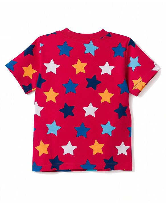 Babyhug 100% Cotton Knit Half Sleeves Star Printed Co-Ords T-Shirt & Pyjama Night Suit - Red