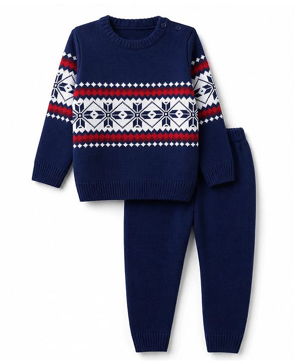 Babyhug Knit Full Sleeves Sweater Set with Abstract Design - Navy Blue