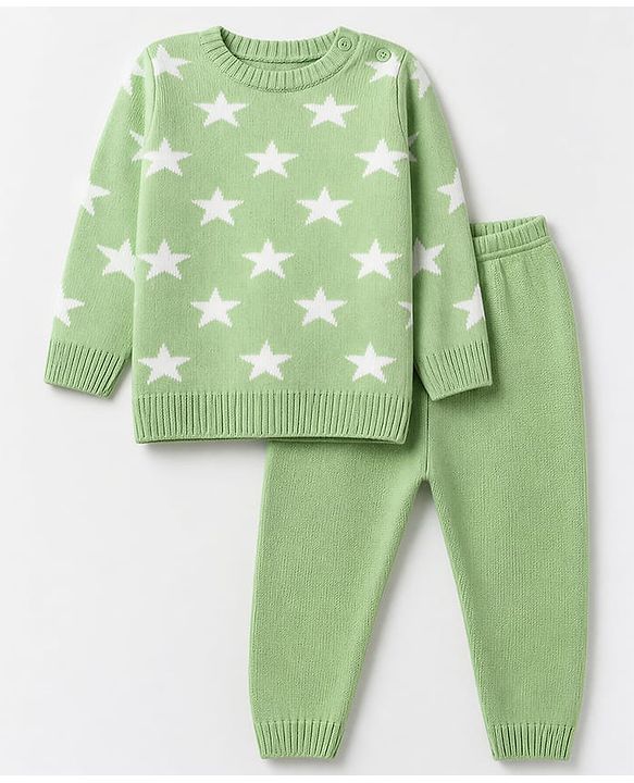 Babyhug Knit Sweater and Pant with Full Sleeves and Star Design in Limegreen
