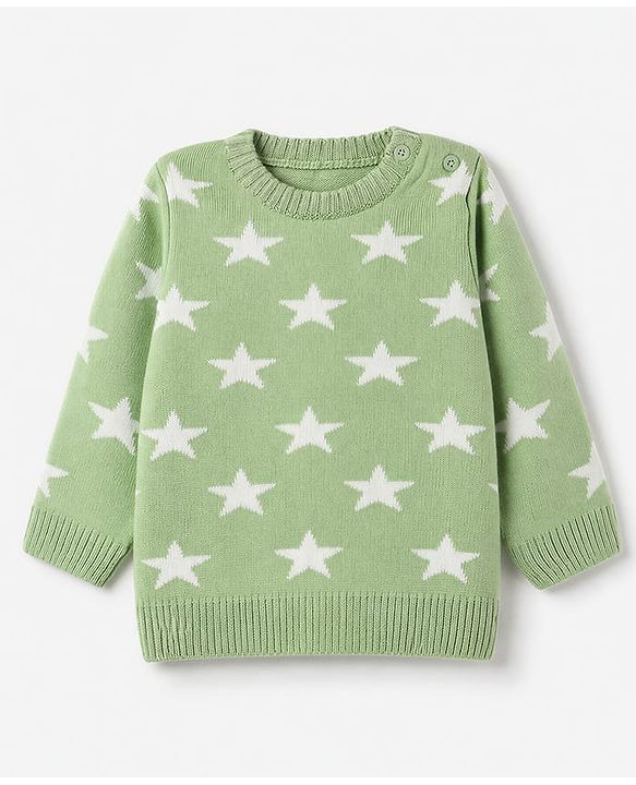 Babyhug Knit Sweater and Pant with Full Sleeves and Star Design in Limegreen