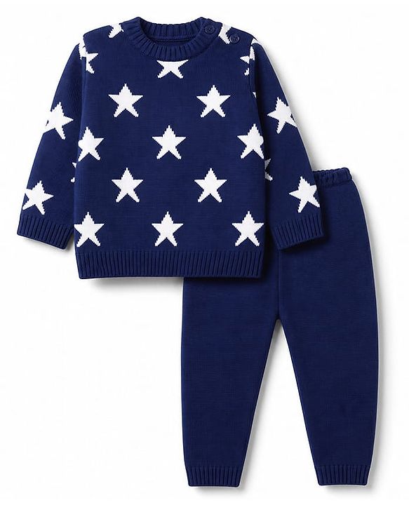 Babyhug Knit Full Sleeves Sweater Set with Star Design - Navy Blue