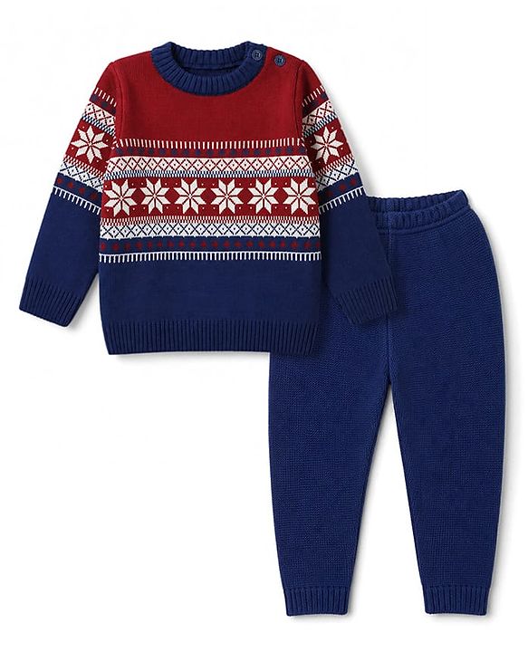 Babyhug Knit Full Sleeves Sweater Set With Floral Design - Navy