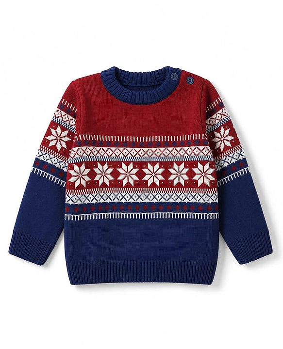 Babyhug Knit Full Sleeves Sweater Set With Floral Design - Navy