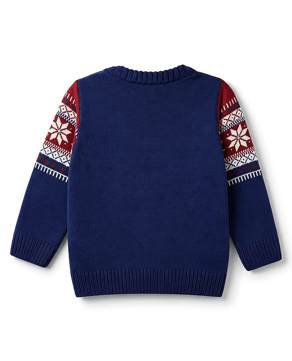 Babyhug Knit Full Sleeves Sweater Set With Floral Design - Navy