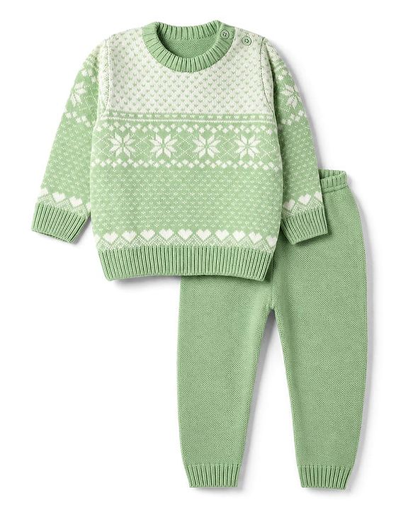 Babyhug Knit Full Sleeves Sweater Set with Floral & Heart Design - Green