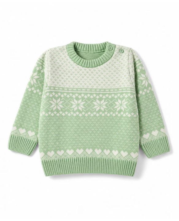 Babyhug Knit Full Sleeves Sweater Set with Floral & Heart Design - Green