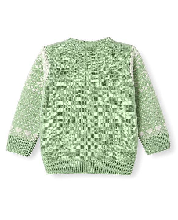Babyhug Knit Full Sleeves Sweater Set with Floral & Heart Design - Green