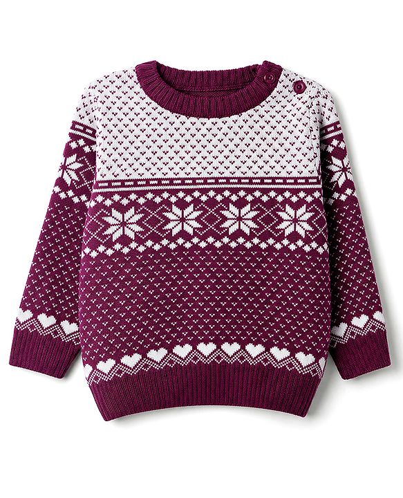 Babyhug Female Knit Full Sleeves Sweater Set with Floral & Heart Design - Wine