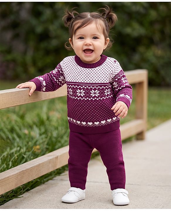Babyhug Female Knit Full Sleeves Sweater Set with Floral & Heart Design - Wine