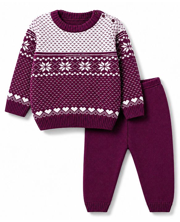 Babyhug Female Knit Full Sleeves Sweater Set with Floral & Heart Design - Wine