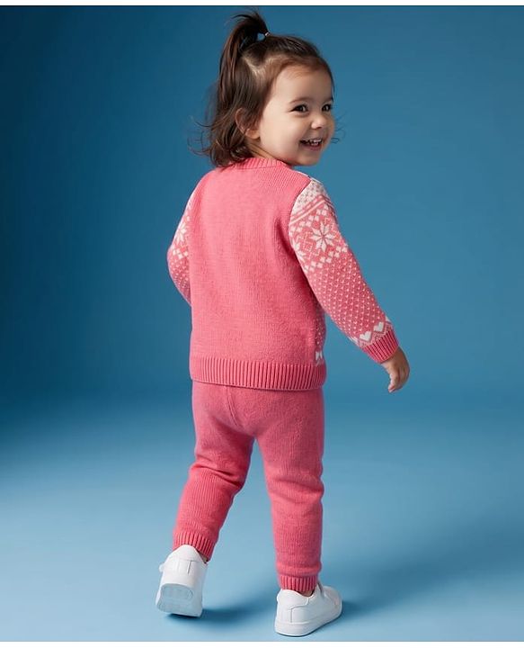 Babyhug Knit Full Sleeves Sweater Set With Floral Design - Pink
