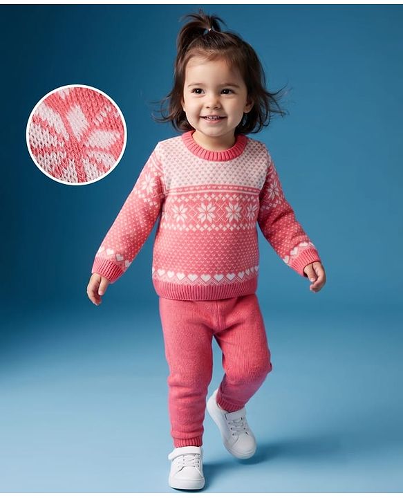 Babyhug Knit Full Sleeves Sweater Set With Floral Design - Pink