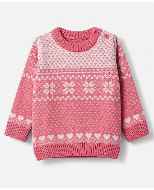 Babyhug Knit Full Sleeves Sweater Set With Floral Design - Pink