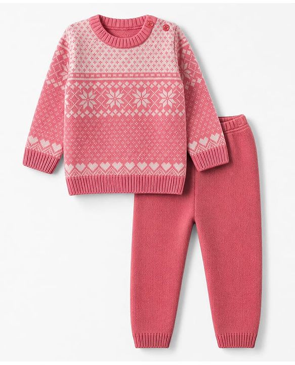 Babyhug Knit Full Sleeves Sweater Set With Floral Design - Pink