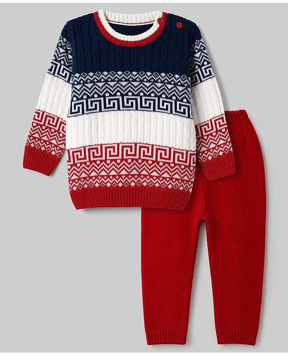 Babyhug Knit Full Sleeves Sweater Set with Geometric Design - Navy Blue