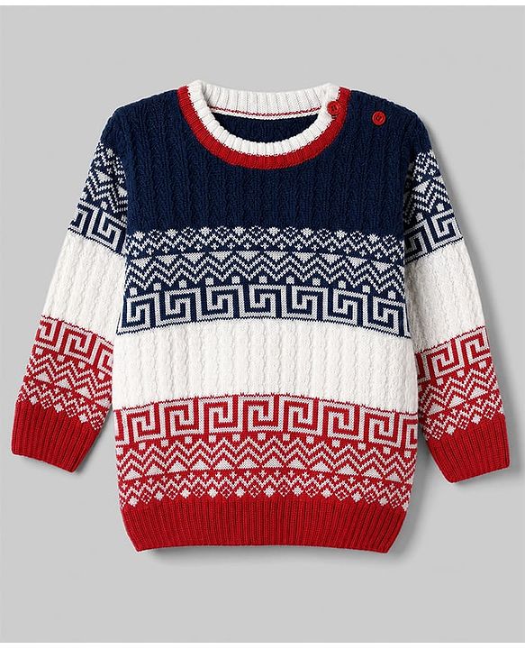 Babyhug Knit Full Sleeves Sweater Set with Geometric Design - Navy Blue