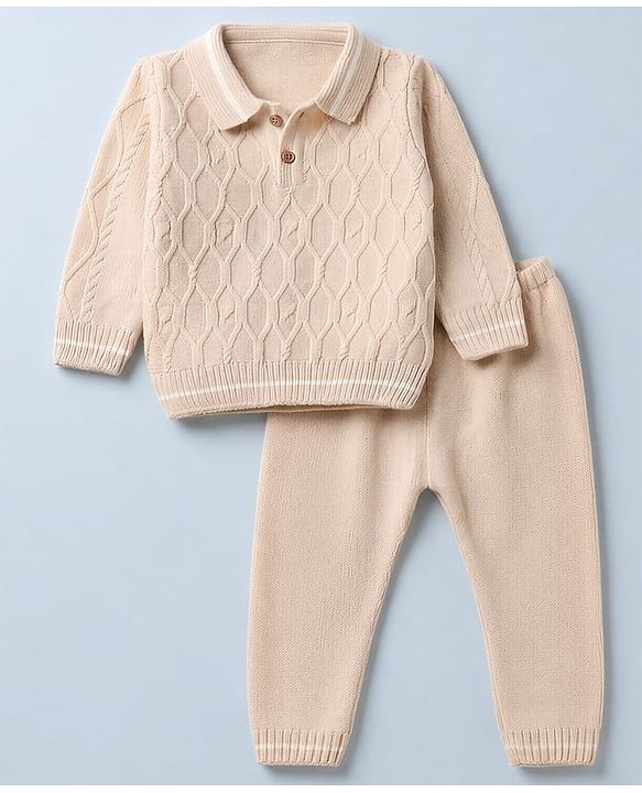 Babyhug Knit Full Sleeves Sweater Set with Cable Knit Design - Beige