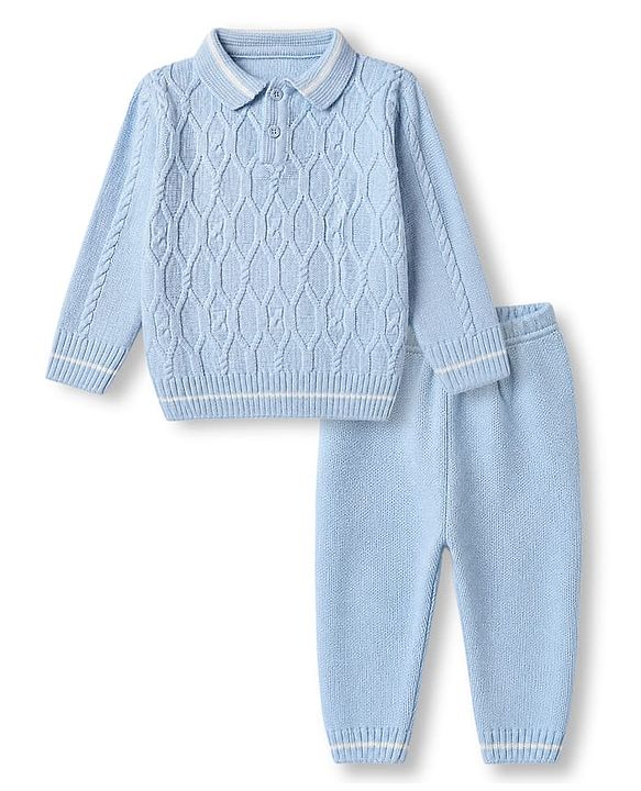 Babyhug Knit Sweater Set with Full Sleeves and Cable Knit in Light/Sky Blue for 3-6 Months
