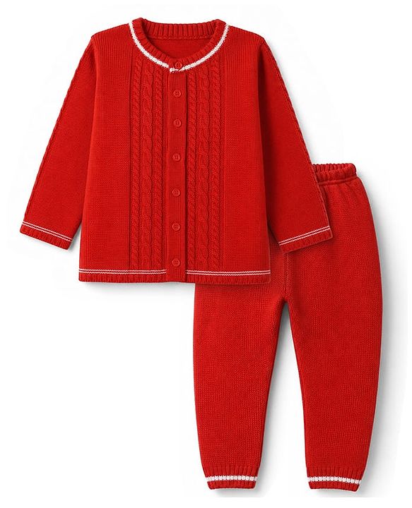 Babyhug Cable Knit Full Sleeves Sweater Set - Red