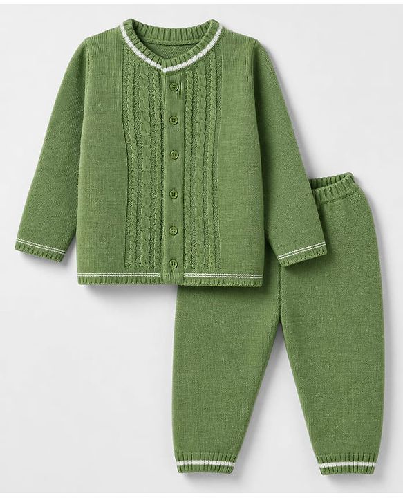 Babyhug Knit Full Sleeves Sweater Set With Cable Knit Design - Olive Green