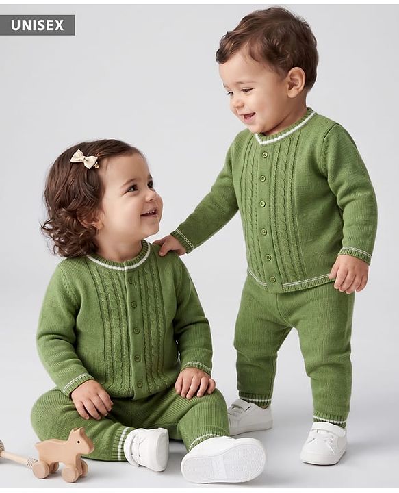 Babyhug Knit Full Sleeves Sweater Set With Cable Knit Design - Olive Green