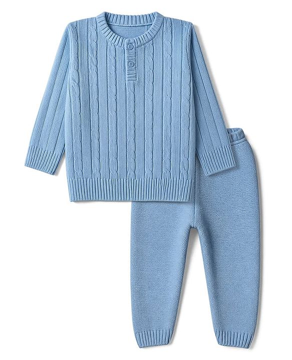 Babyhug Knit Full Sleeves Sweater Set with Cable Knit Design - Sky Blue