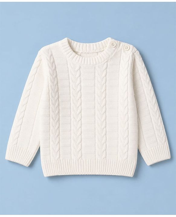 Babyhug Knit Full Sleeves Sweater Set With Cable Knit Design - White