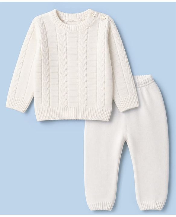 Babyhug Knit Full Sleeves Sweater Set With Cable Knit Design - White