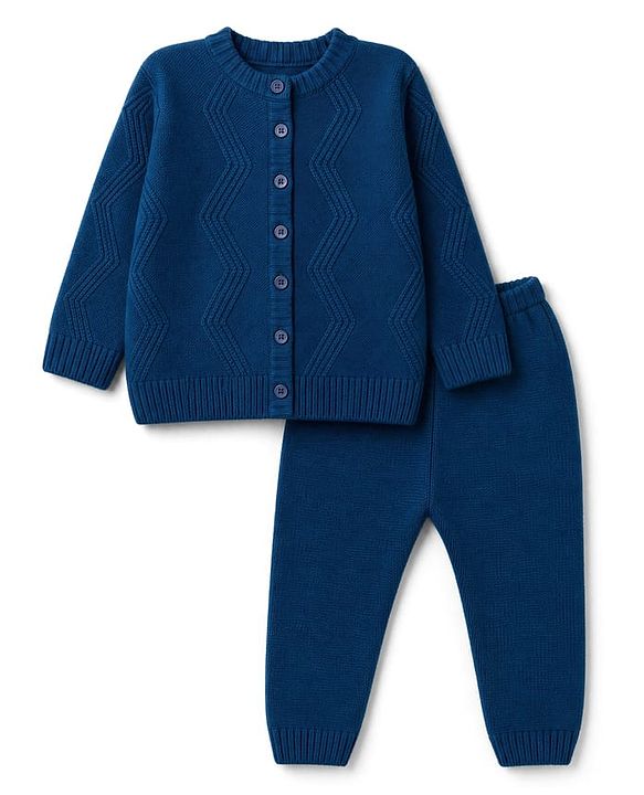 Babyhug Knit Full Sleeves Sweater Set With Cable Knit Design - Navy Blue
