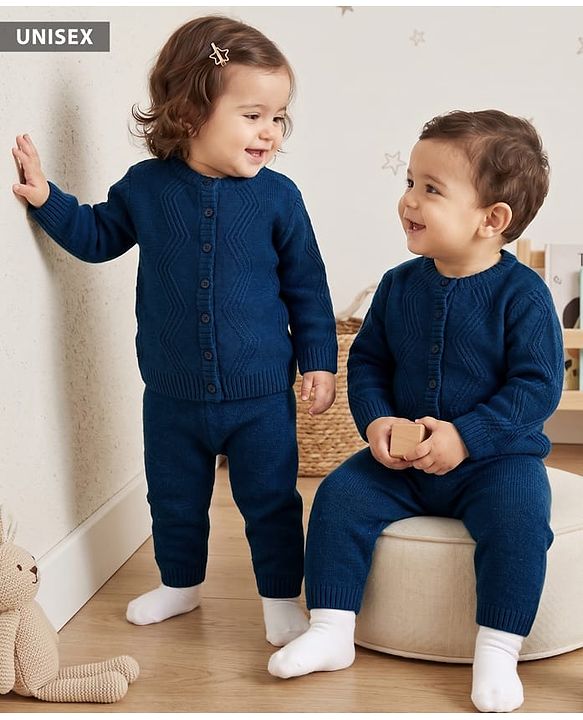 Babyhug Knit Full Sleeves Sweater Set With Cable Knit Design - Navy Blue