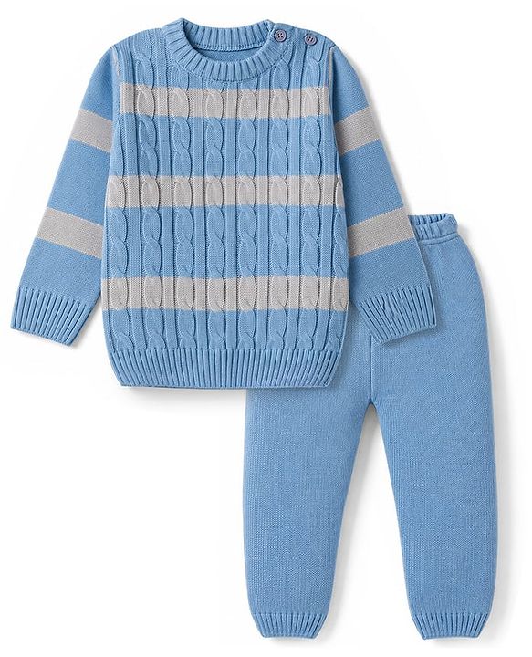 Babyhug Knit Full Sleeves Striped Sweater Set - Sky Blue
