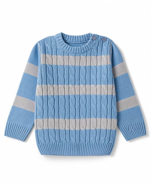Babyhug Knit Full Sleeves Striped Sweater Set - Sky Blue