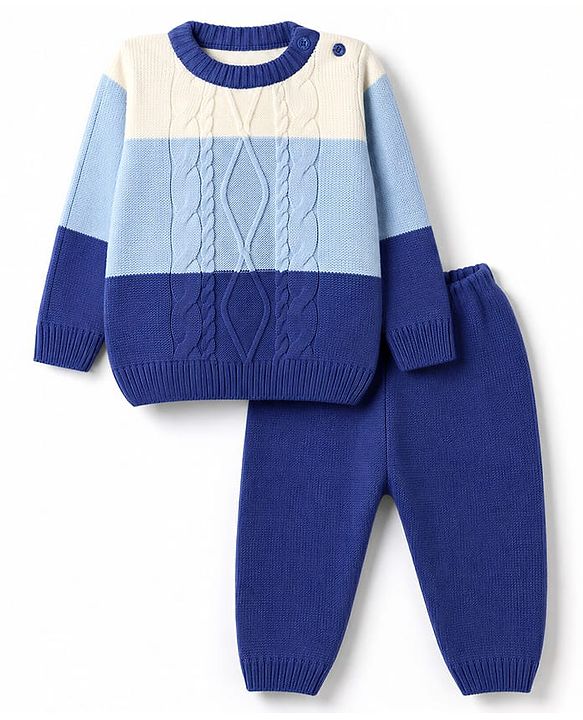 Babyhug Knit Full Sleeves Sweater Set with Color Block Design - Blue