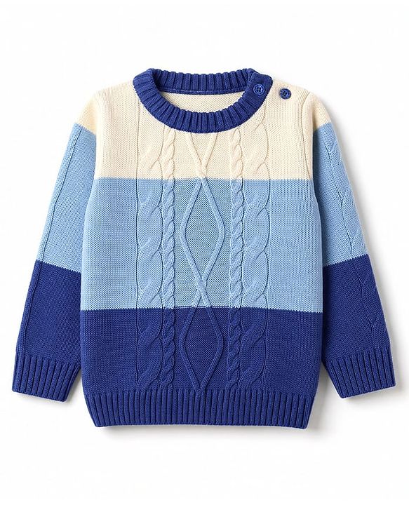 Babyhug Knit Full Sleeves Sweater Set with Color Block Design - Blue