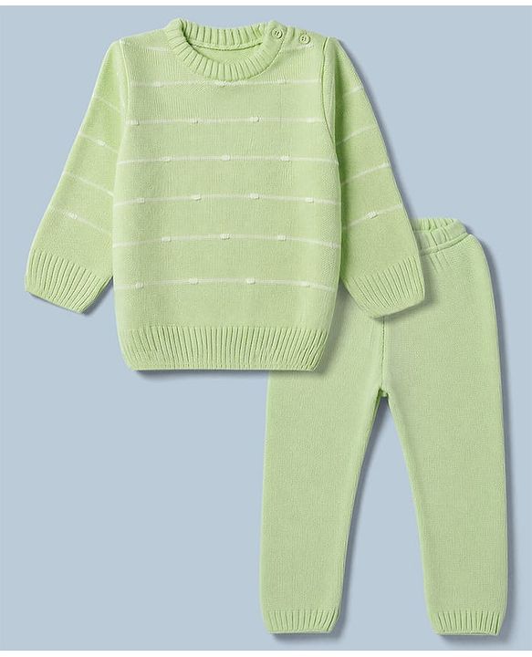 Babyhug Knit Sweater Set with Full Sleeves and Striped Design in Limegreen for 3-6 Months