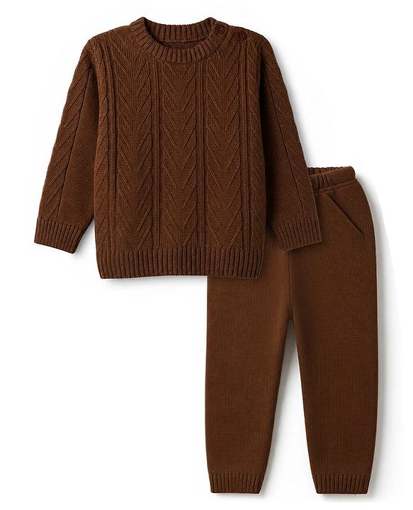 Babyhug Cable Knit Full Sleeves Sweater Set - Brown