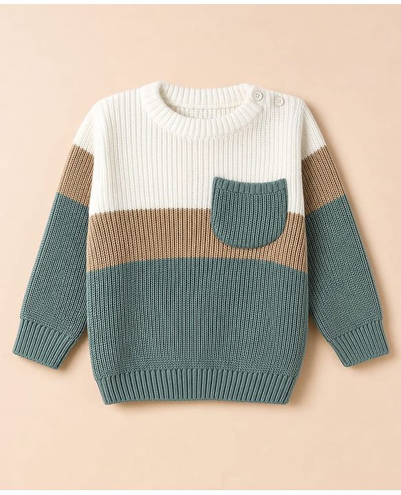Babyhug Knit Full Sleeves Sweater Set with Color Block Design - Green