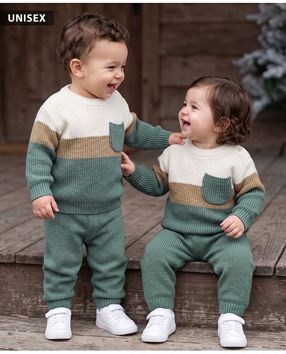 Babyhug Knit Full Sleeves Sweater Set with Color Block Design - Green