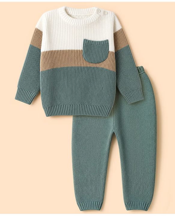 Babyhug Knit Full Sleeves Sweater Set with Color Block Design - Green
