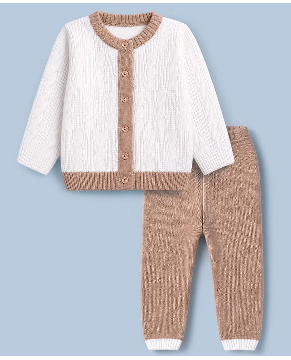 Babyhug Knit Full Sleeves Sweater Set with Cable Knit Design - White