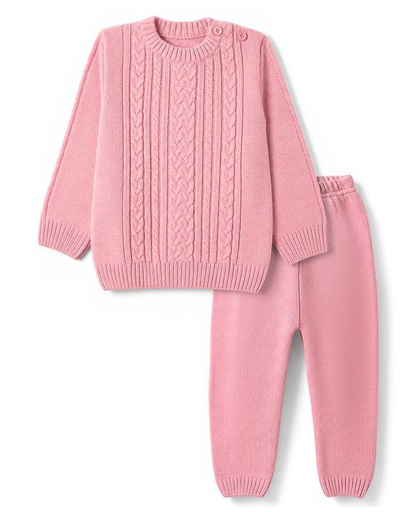 Babyhug Knit Full Sleeves Sweater Set with Cable Knit Design - Pink