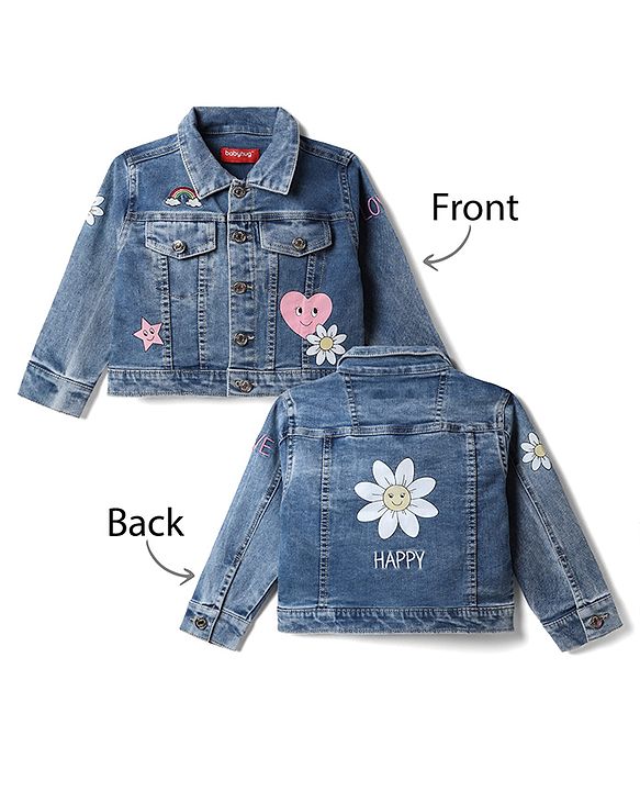 Babyhug Denim Jacket with Full Sleeves and Heart Print in Blue