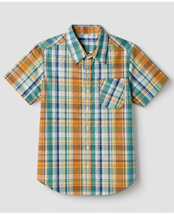 Pine Kids Cotton Woven Checks Shirt and Text Print T-Shirt with Half Sleeves -Green