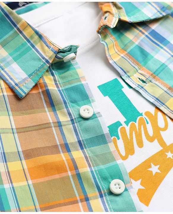 Pine Kids Cotton Woven Checks Shirt and Text Print T-Shirt with Half Sleeves -Green