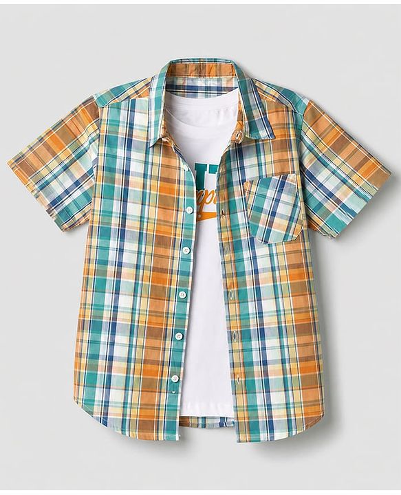 Pine Kids Cotton Woven Checks Shirt and Text Print T-Shirt with Half Sleeves -Green