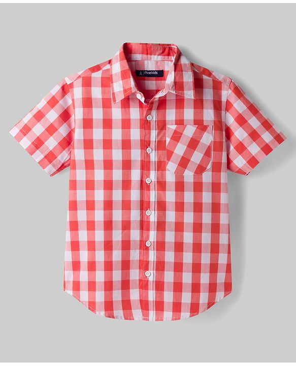 Pine Kids Cotton Woven Half Sleeves Checks Shirt & T-Shirt - Red