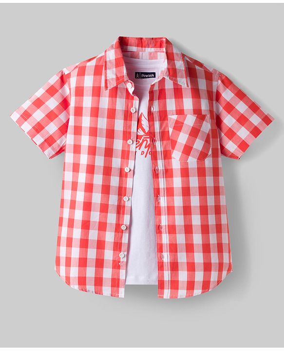 Pine Kids Cotton Woven Half Sleeves Checks Shirt & T-Shirt - Red