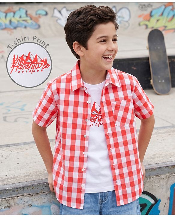 Pine Kids Cotton Woven Half Sleeves Checks Shirt & T-Shirt - Red